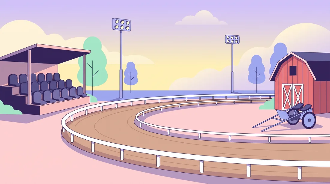 Flat illustration of a harness racing track at golden hour: a white-railed dirt oval, a small covered grandstand, a red barn and an empty two-wheeled racing cart.